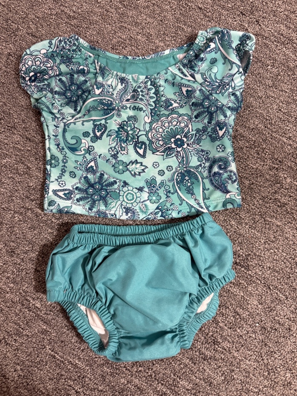 Kids Floral Paisley Two-Piece Swim Set in Teal Diaper Swim Bottoms 12-18M